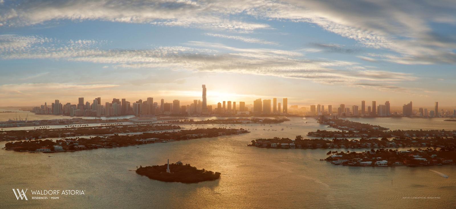 Dusk rendering of the tower over Biscayne Bay