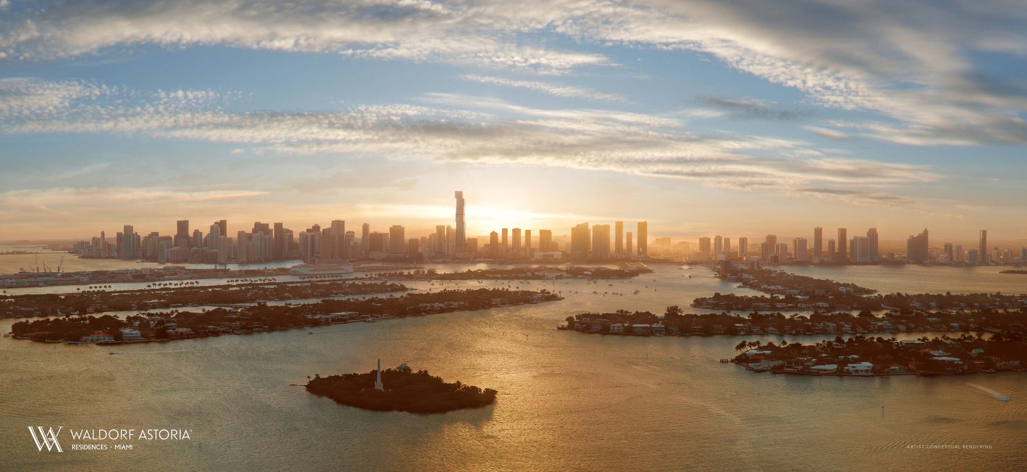 Dusk rendering of Waldorf Astoria Residences Miami on Biscayne Bay